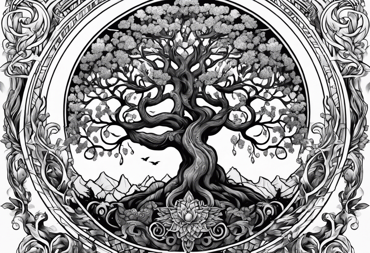 Yggdrasil with 9 realm illustrated tattoo idea