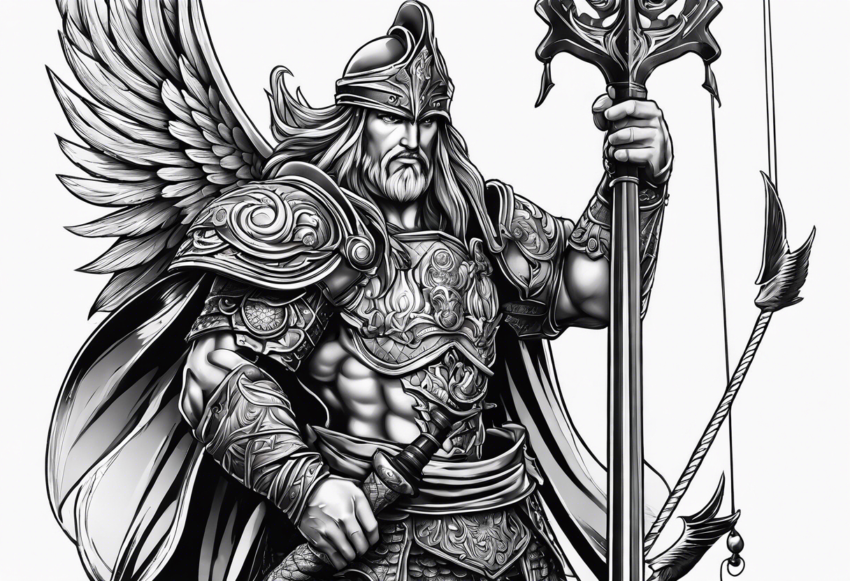 ares figure, angel, fishing rod tattoo idea