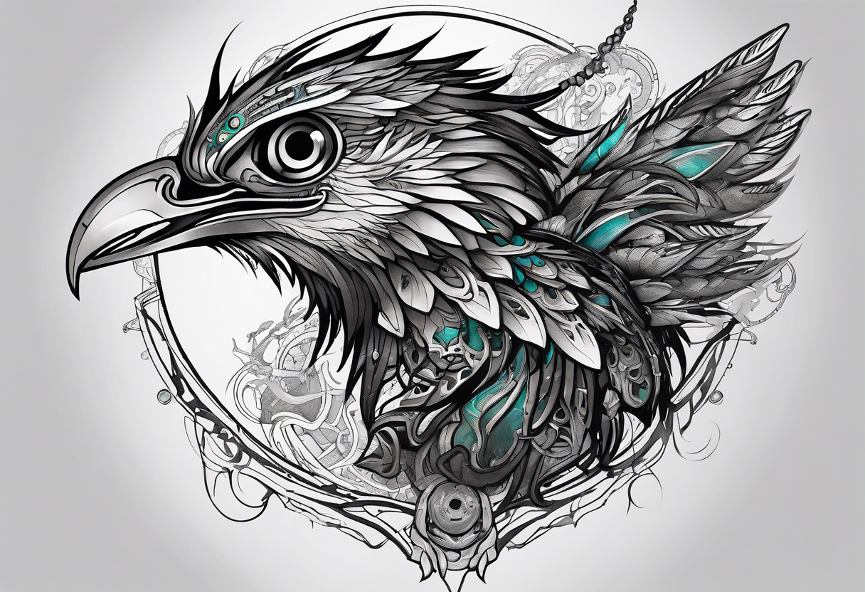 Cyberpunk Quetzal that has cybernetic neurons coming from the bottom. tattoo idea