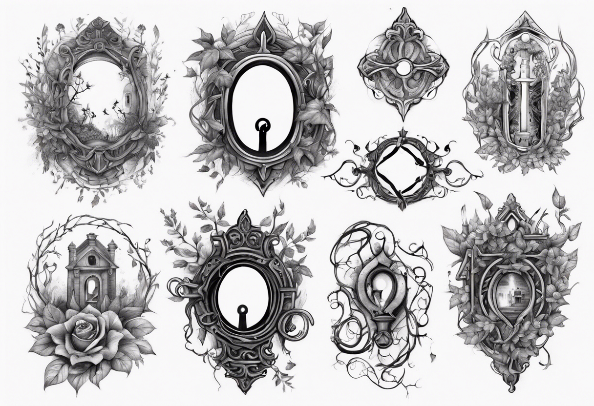 an intricate keyhole surrounded by elements like vines, and Inside the keyhole, incorporate personal symbols or imagery that hold significance to the individual. tattoo idea