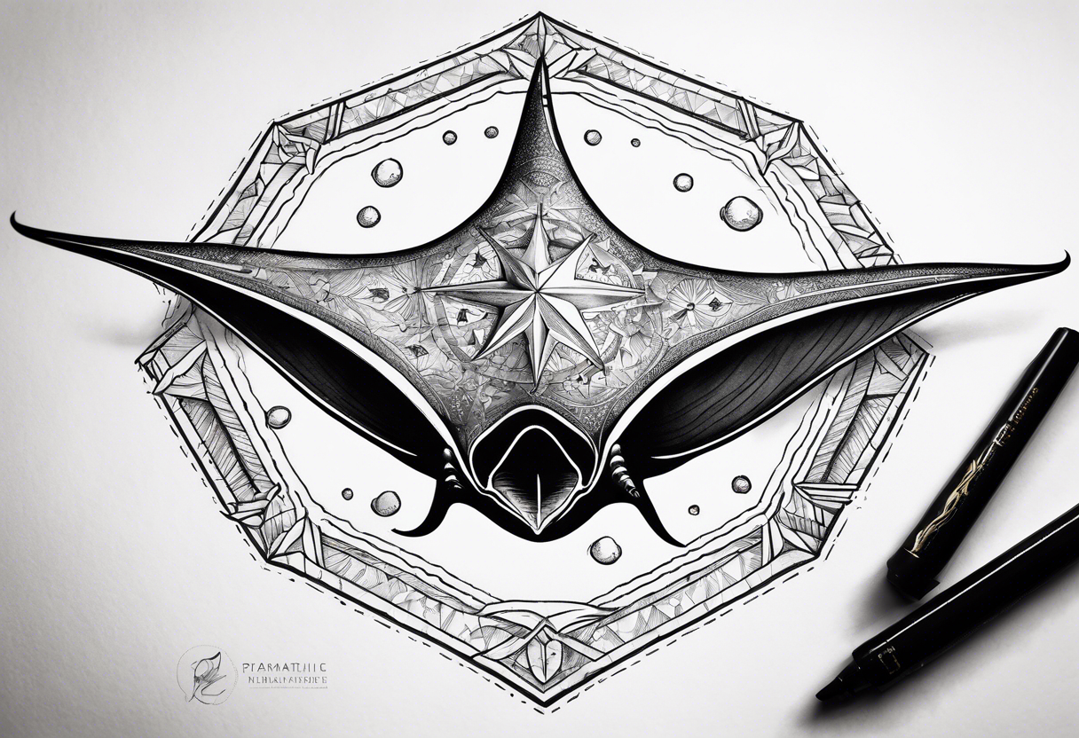 Simple manta ray with a nautical star inside and an octagon around tattoo idea