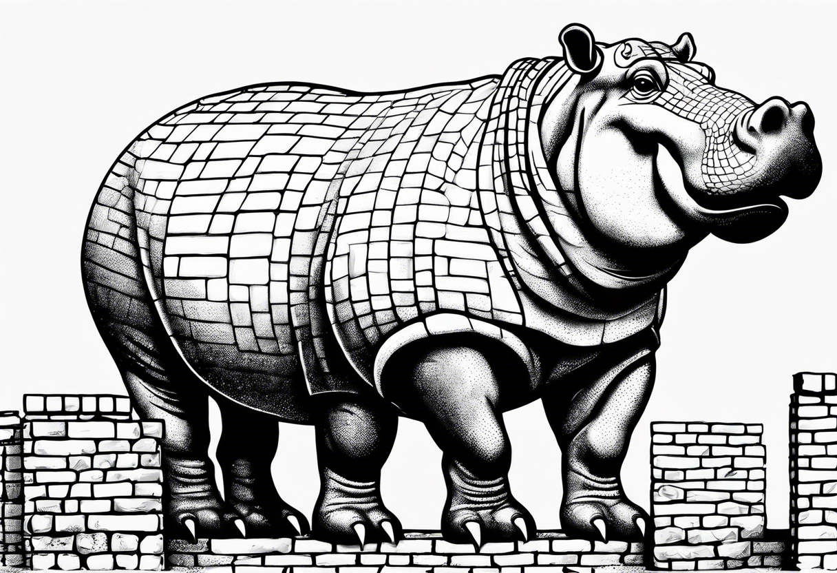 Hippopotamus standing upright and laying bricks onto a partially built brick wall tattoo idea