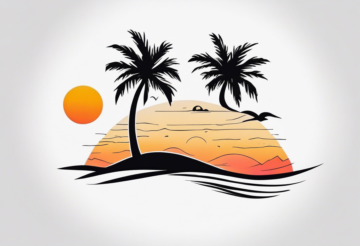 Palm tree with sunset and names in sand tattoo idea