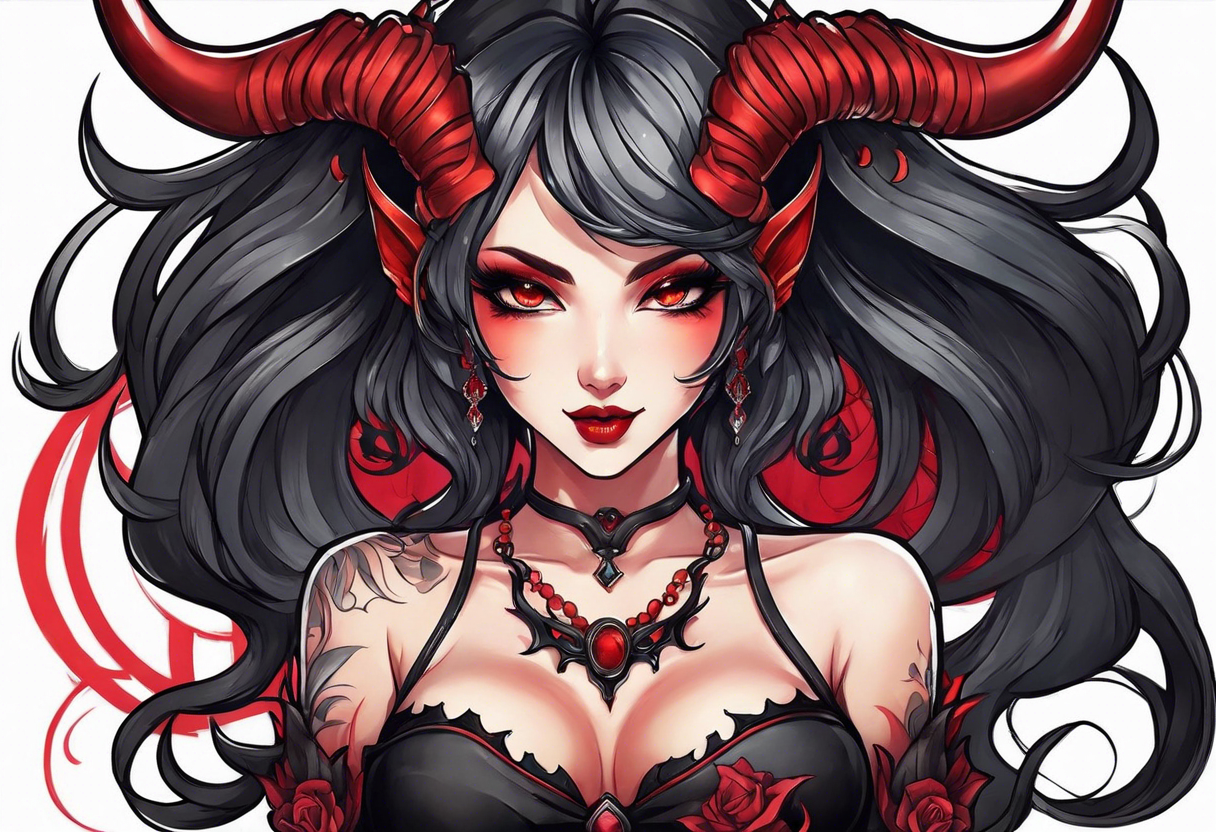 full body anime style succubus with red horns in a portrait tattoo idea