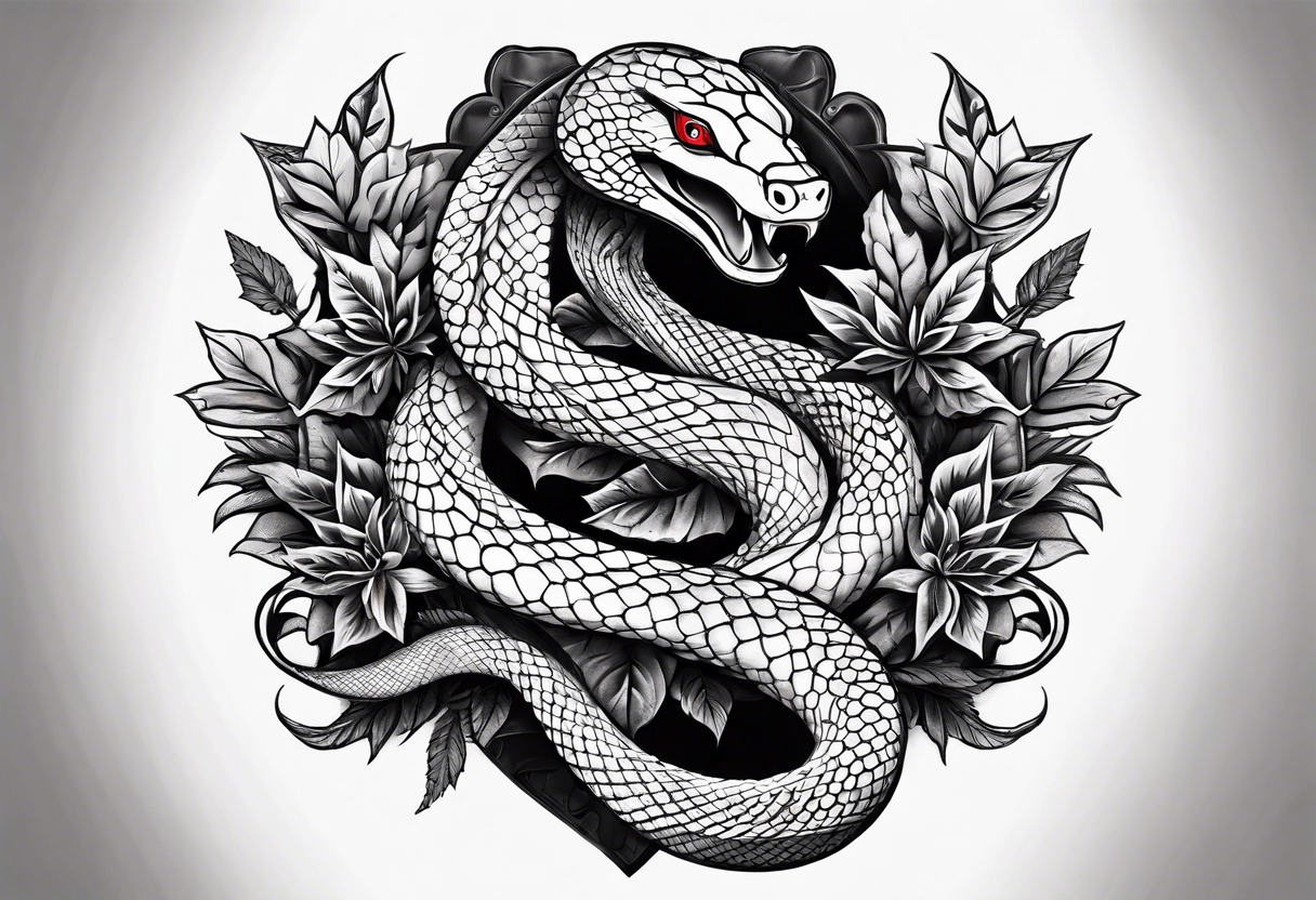 arm sleeve tattoo with a snake, gun, weed symbol that says HYDRA tattoo idea