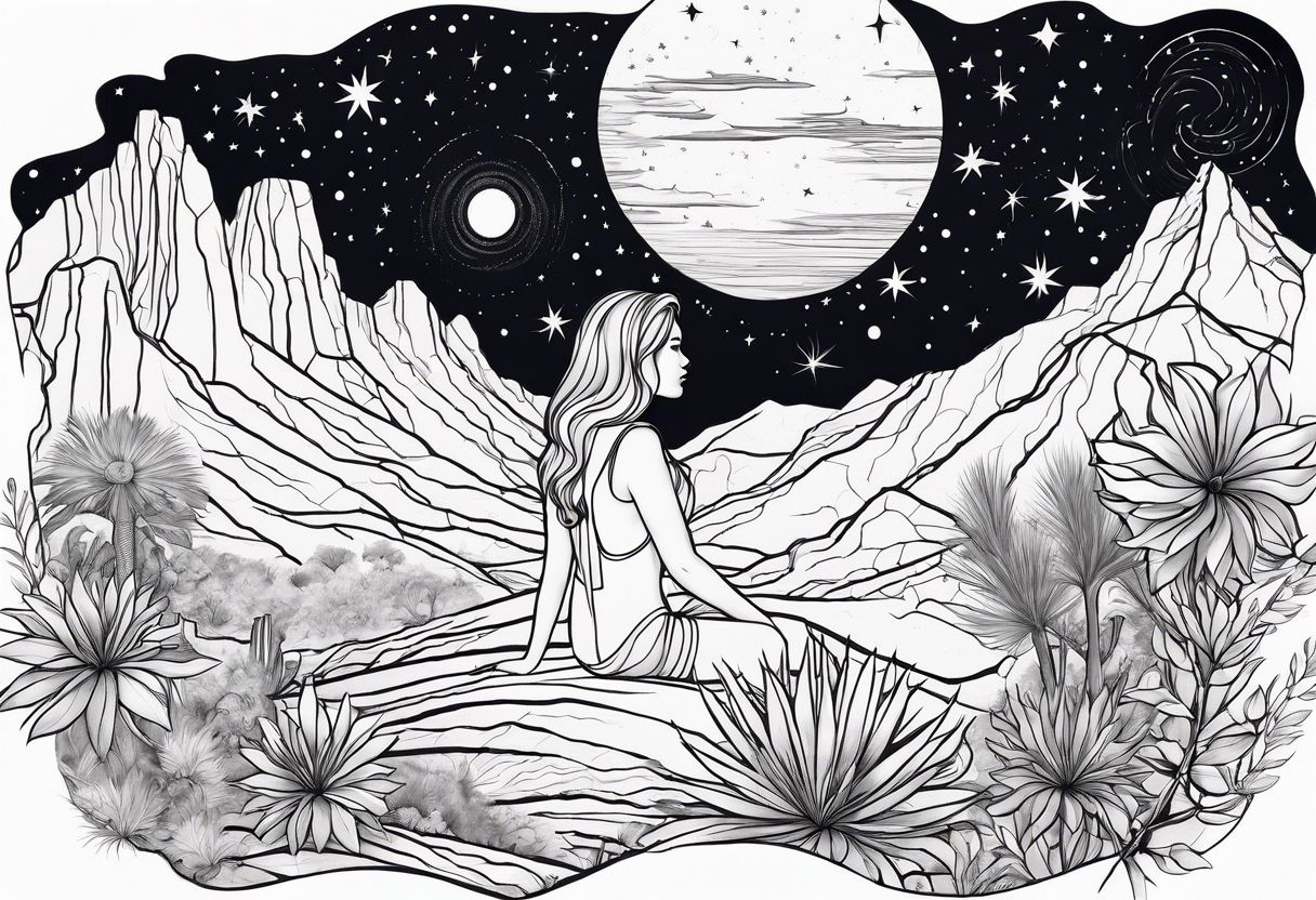 Outline of woman and man sitting in Arizona desert looking at the galaxy tattoo idea