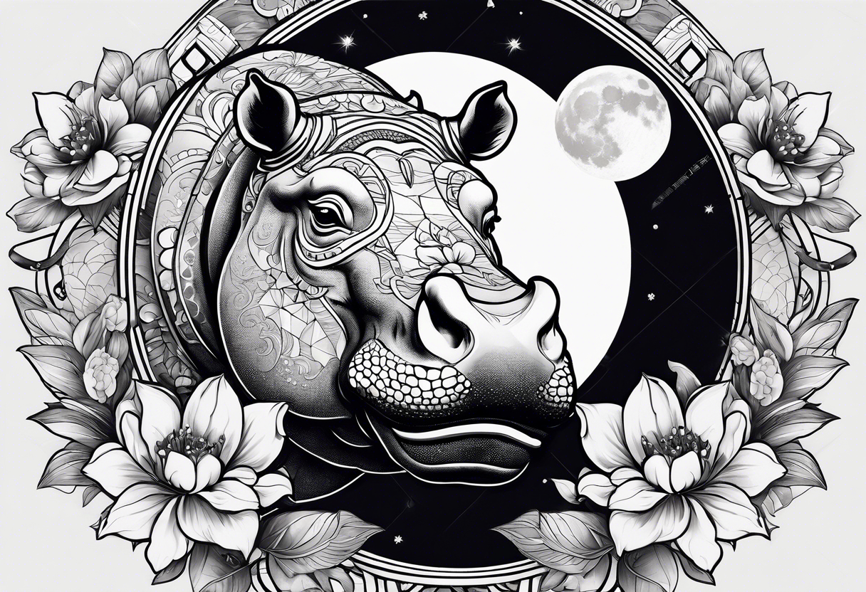 A not too big hippo head with a detailed realistic full moon on upper right corner and wintersweet flower on lower left corner, looking like a totem tattoo idea