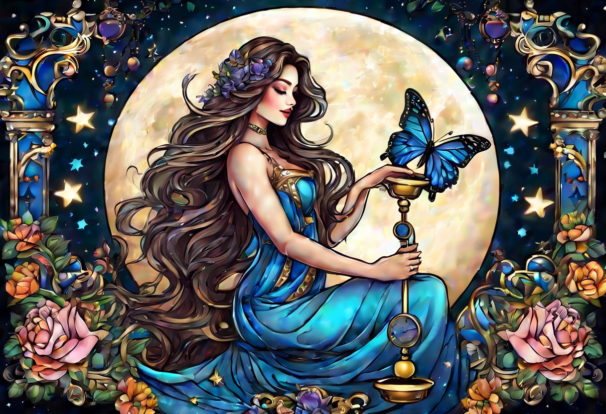 Beautiful woman with butterflies in her long wavy hair sitting on a half moon holding the libra scales with a moon and star background tattoo idea