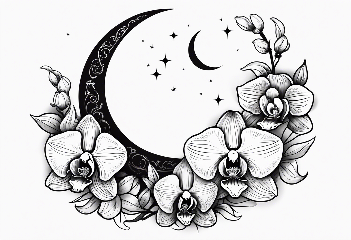 Orchid and crescent moon with Bohemian design tattoo idea