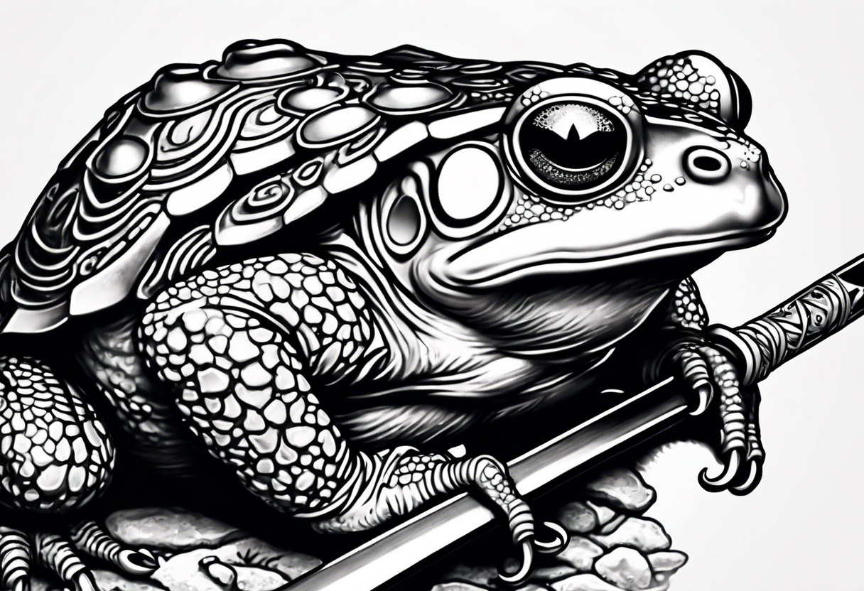 toad with sword; samurai sword Is pointing down(sword stuck in the ground) as if the toad was standing; no clothes tattoo idea