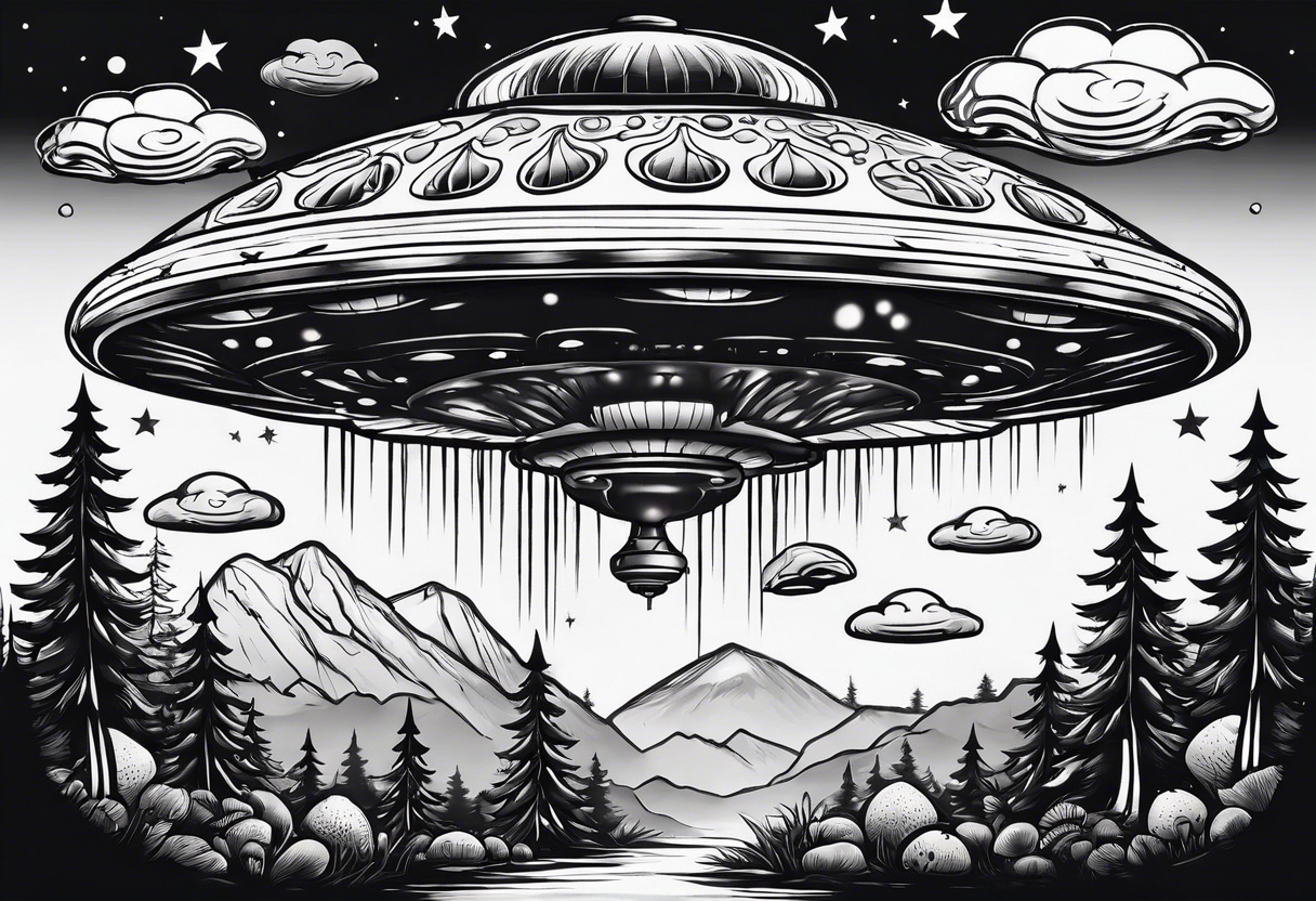 small ufo in sky above mushrooms and trees tattoo idea