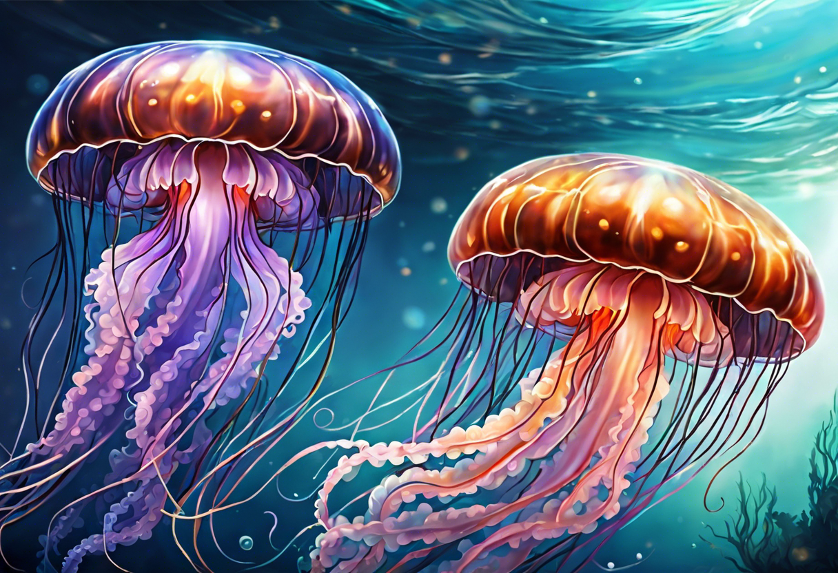 two jellyfish swimming together, with one larger than the other, with space in between them both with long tentacles of varying lengths and design tattoo idea