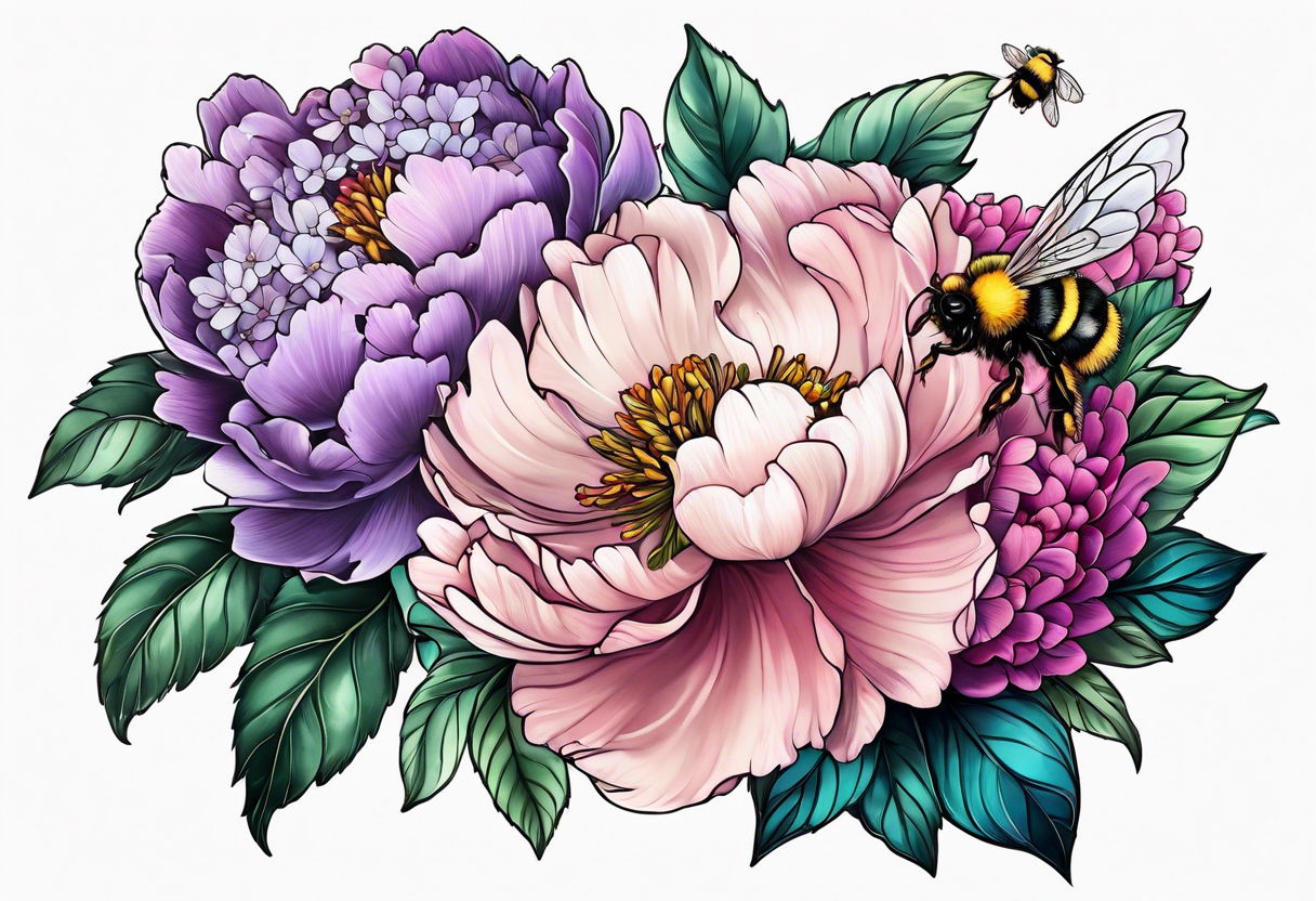 Vibrant peony with hydrangea and leaves and a bumblebee lilac flowers tattoo idea