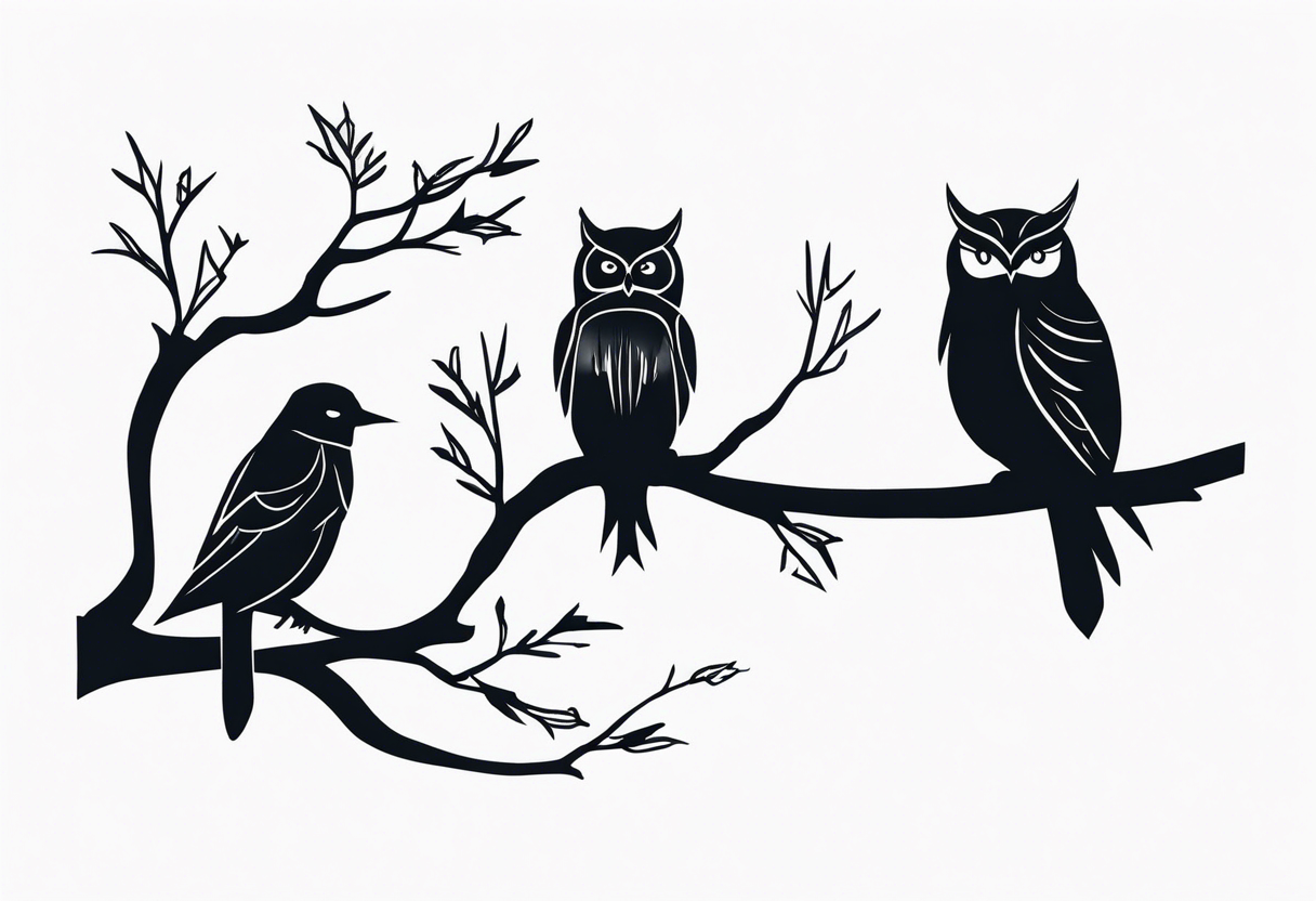 dark, dead creatures sitting on a branch of a tree tattoo idea