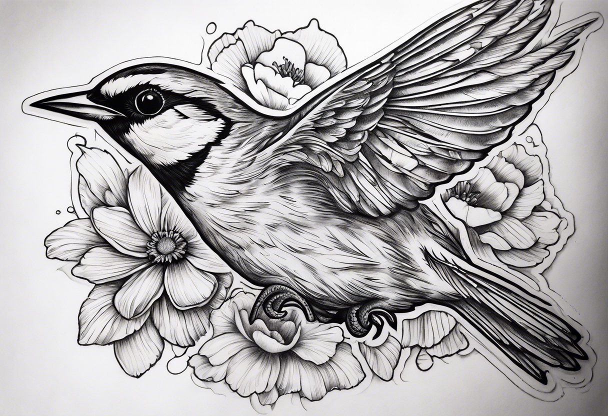 one flying 
sparrow, sunrays, 
make it a neck sleeve
add in a cosmos, iris, daisy, poppy and larkspur tattoo idea