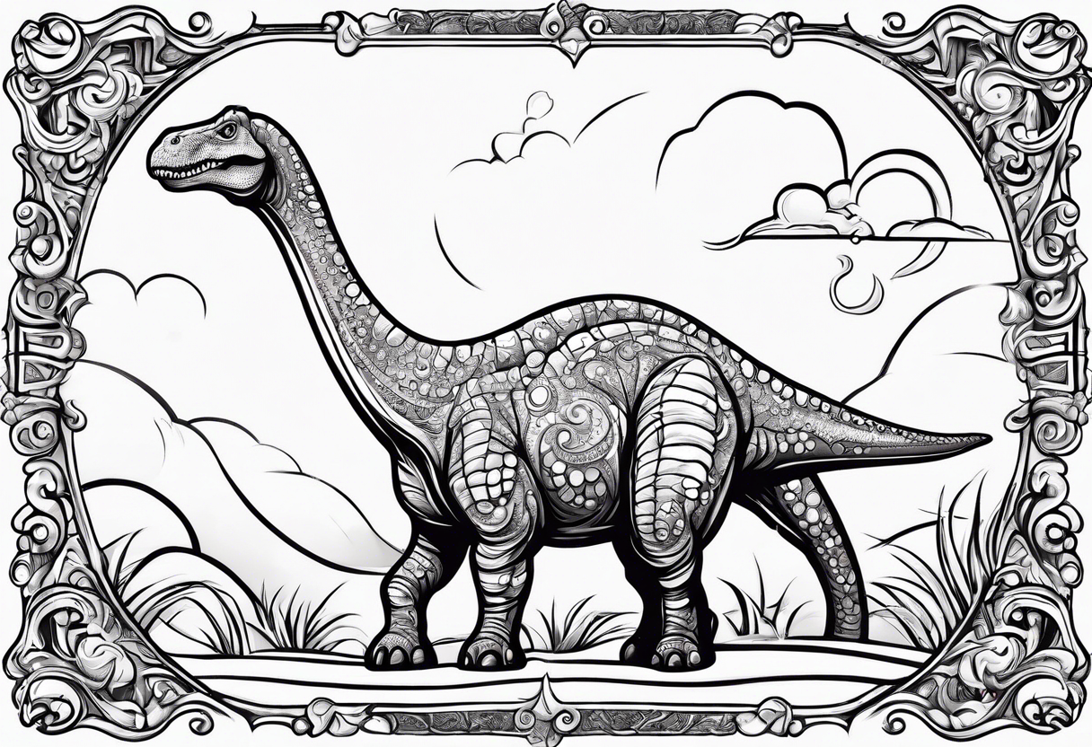 A cartoon brachiosaurus wearing a white bedsheet on its head dressed up like a ghost tattoo idea