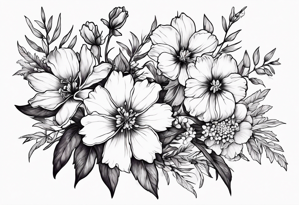 Simple Tattoo of florals of larkspur with stem, carnation, violet,  daisy tattoo idea