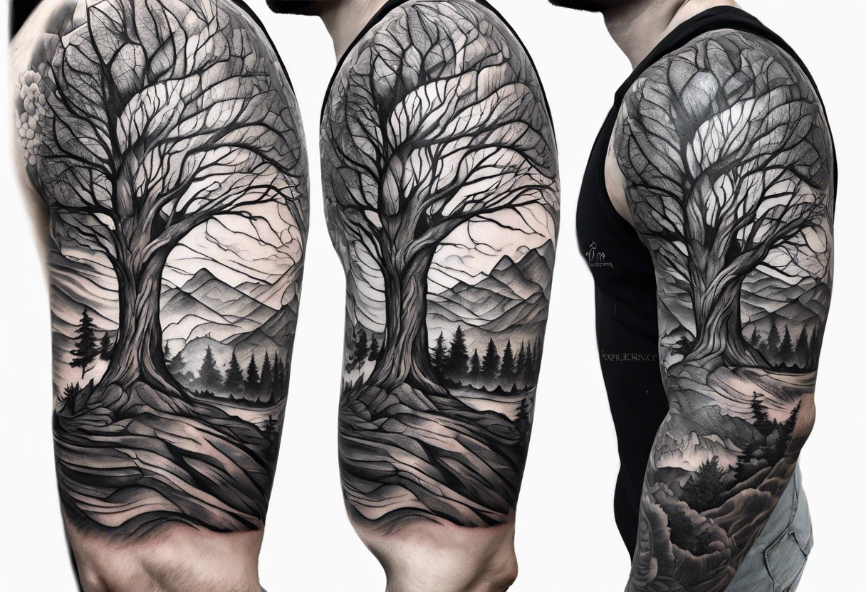 Half sleeve, tree bark growing through skin tattoo idea