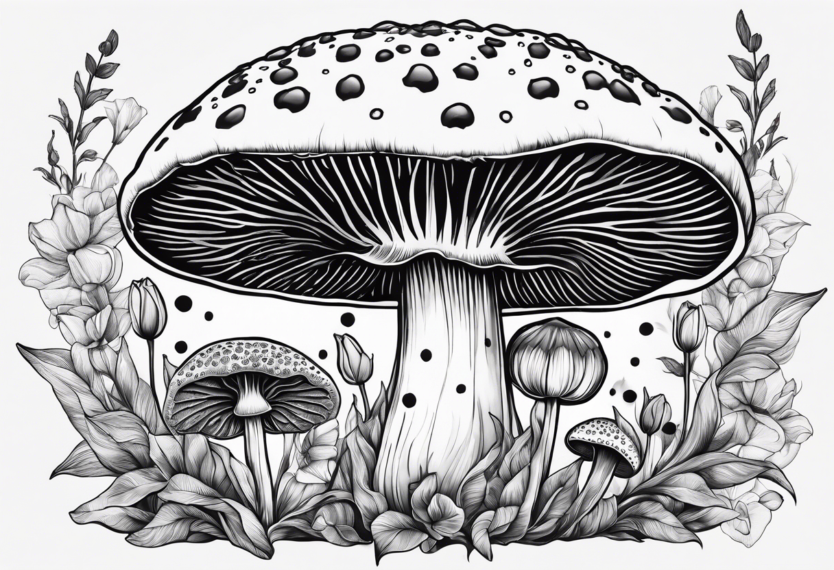 Amanita mushrooms, plants, tulips, serotonin symbol, semicolon tattoo idea