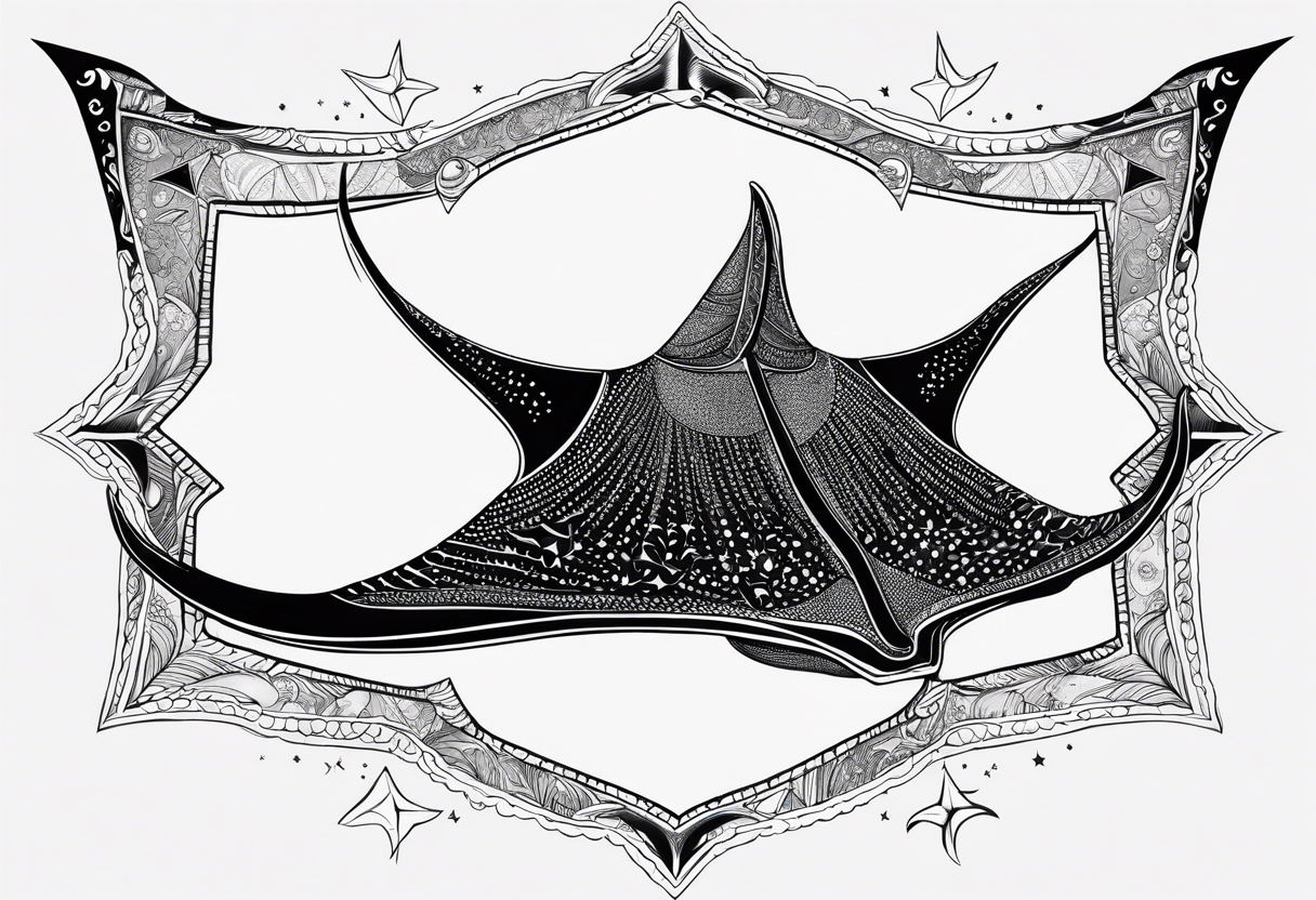 Simple manta ray with a nautical star inside and an octagon around tattoo idea