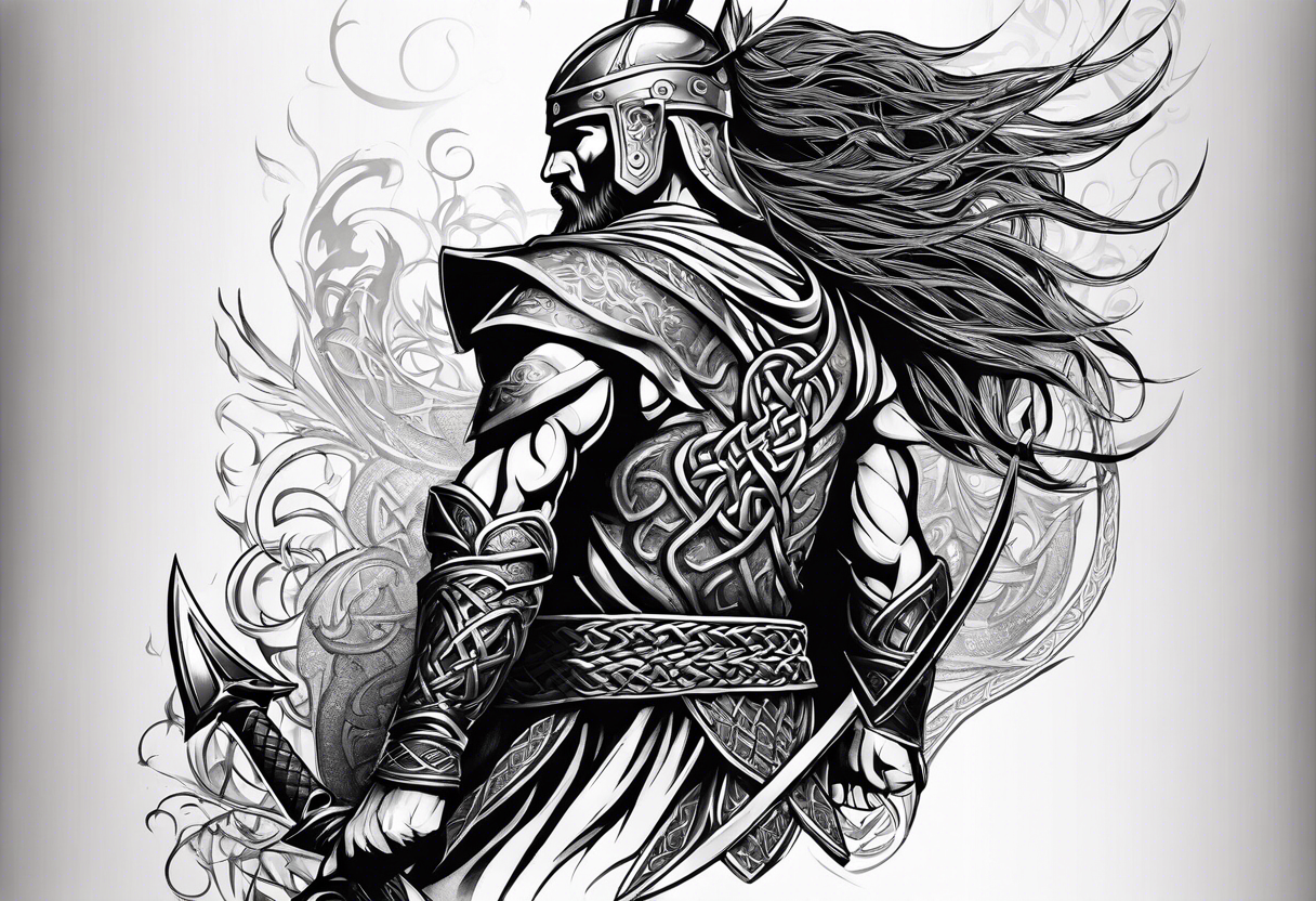 Full body side profile of Celtic warrior with weapons unsheathed tattoo idea