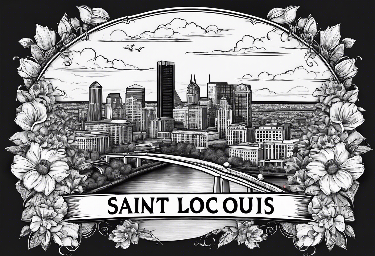saint louis missouri city skyline over a banner surrounded by flowers with the arch tattoo idea