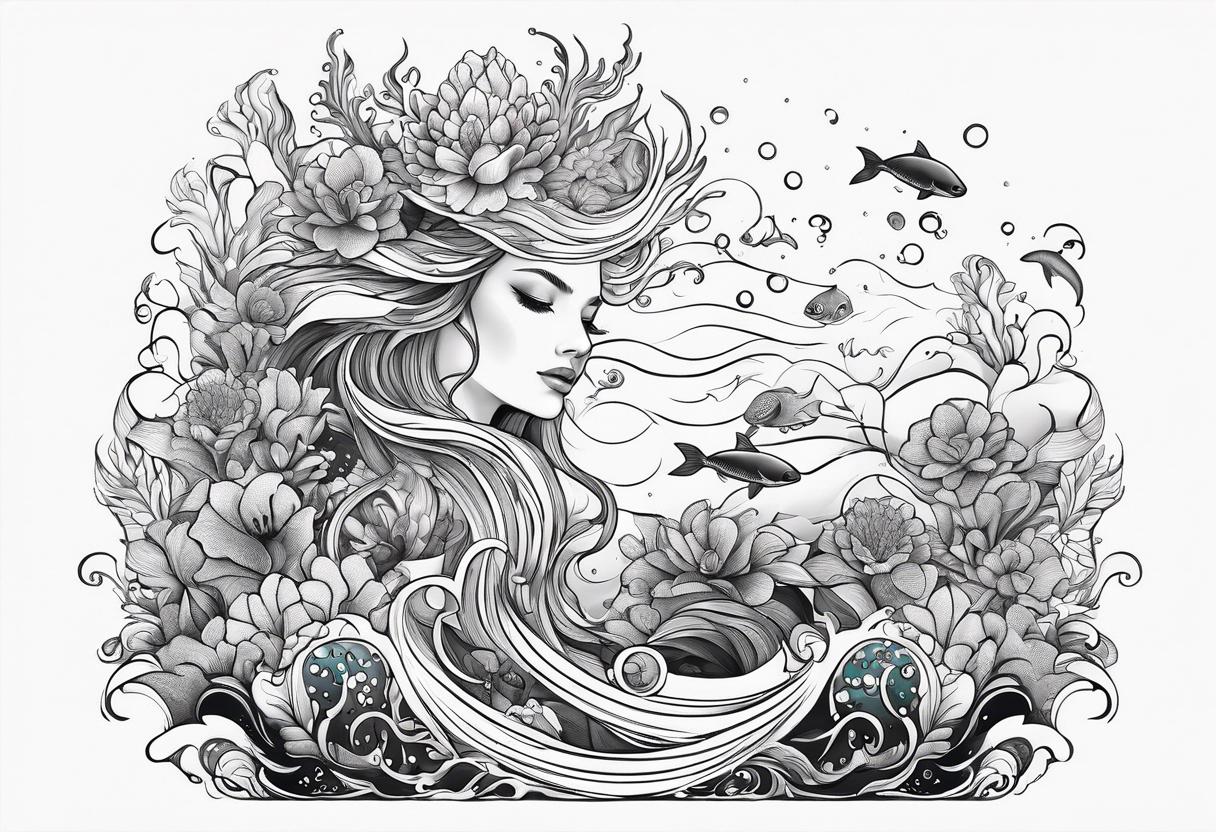 Underwater Sea creatures feminine cascading upwards tattoo idea