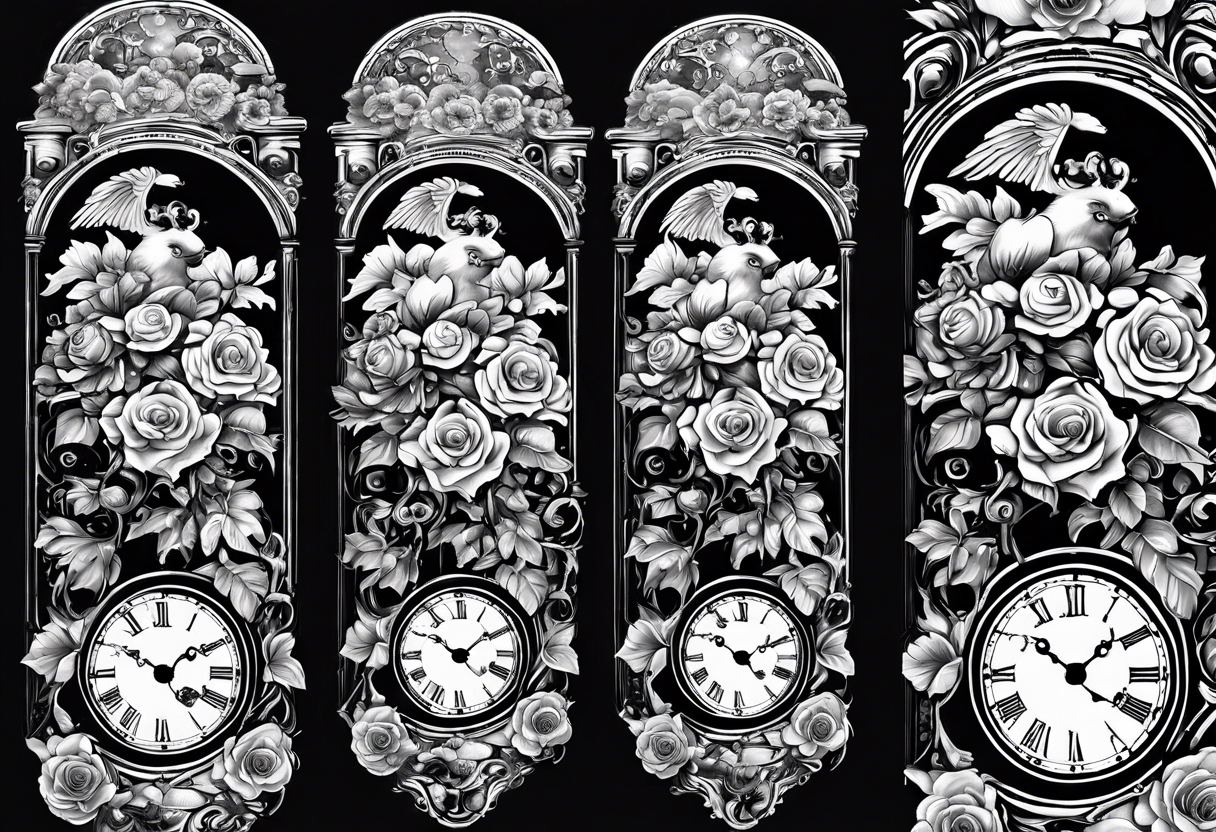 Half sleeve on arm of beautiful old fashion clock with roses, cherubs, angels, and the name chase Peter in a scroll tattoo idea