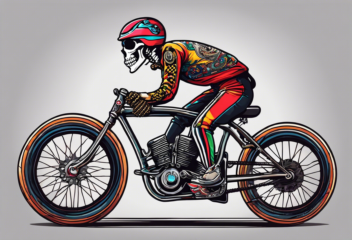 Skeleton rides a racing bicycle. It is wearing a 1980s style uniform. There is no background image tattoo idea