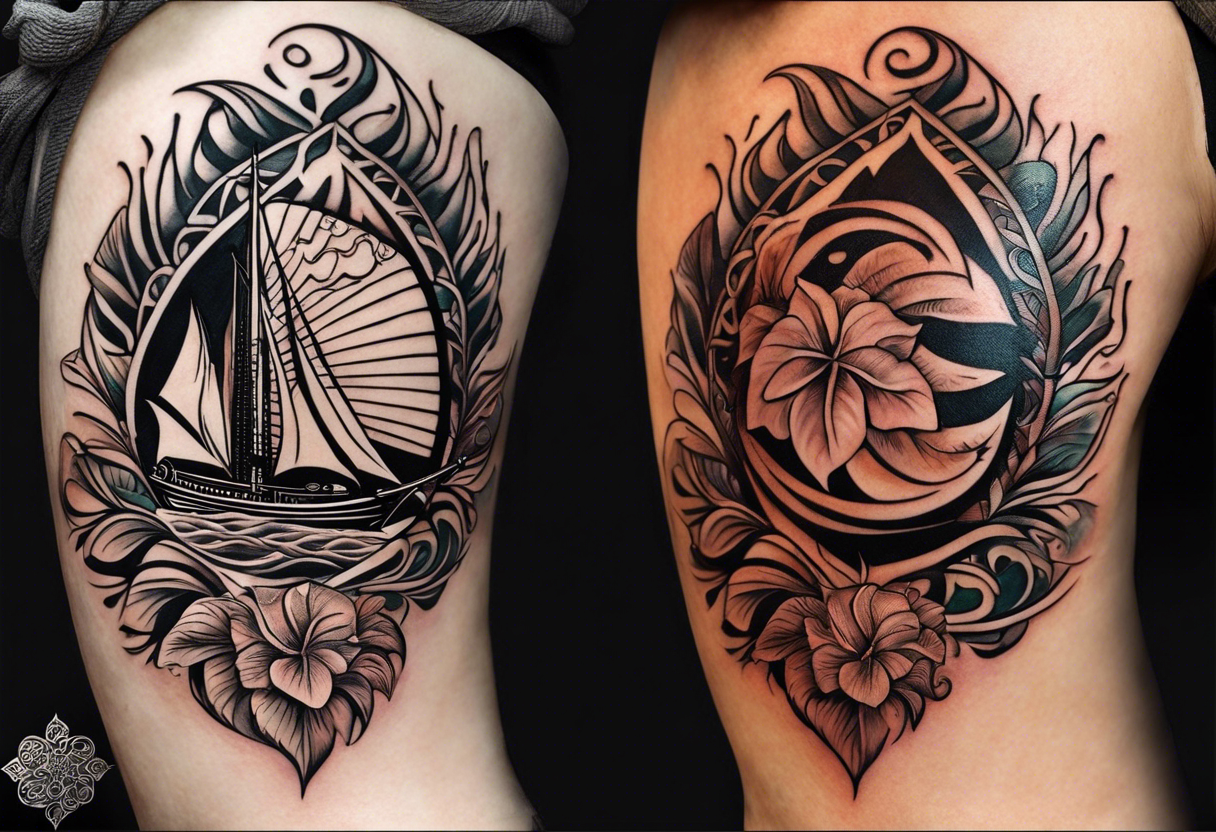 Segelboot, lachende sonne, delfin, zutronen, monstera ableger, maori Stilelemente, orientalische fliesen haupsächlich, hibiskus, Perspektive. vertikal, tattoo idea