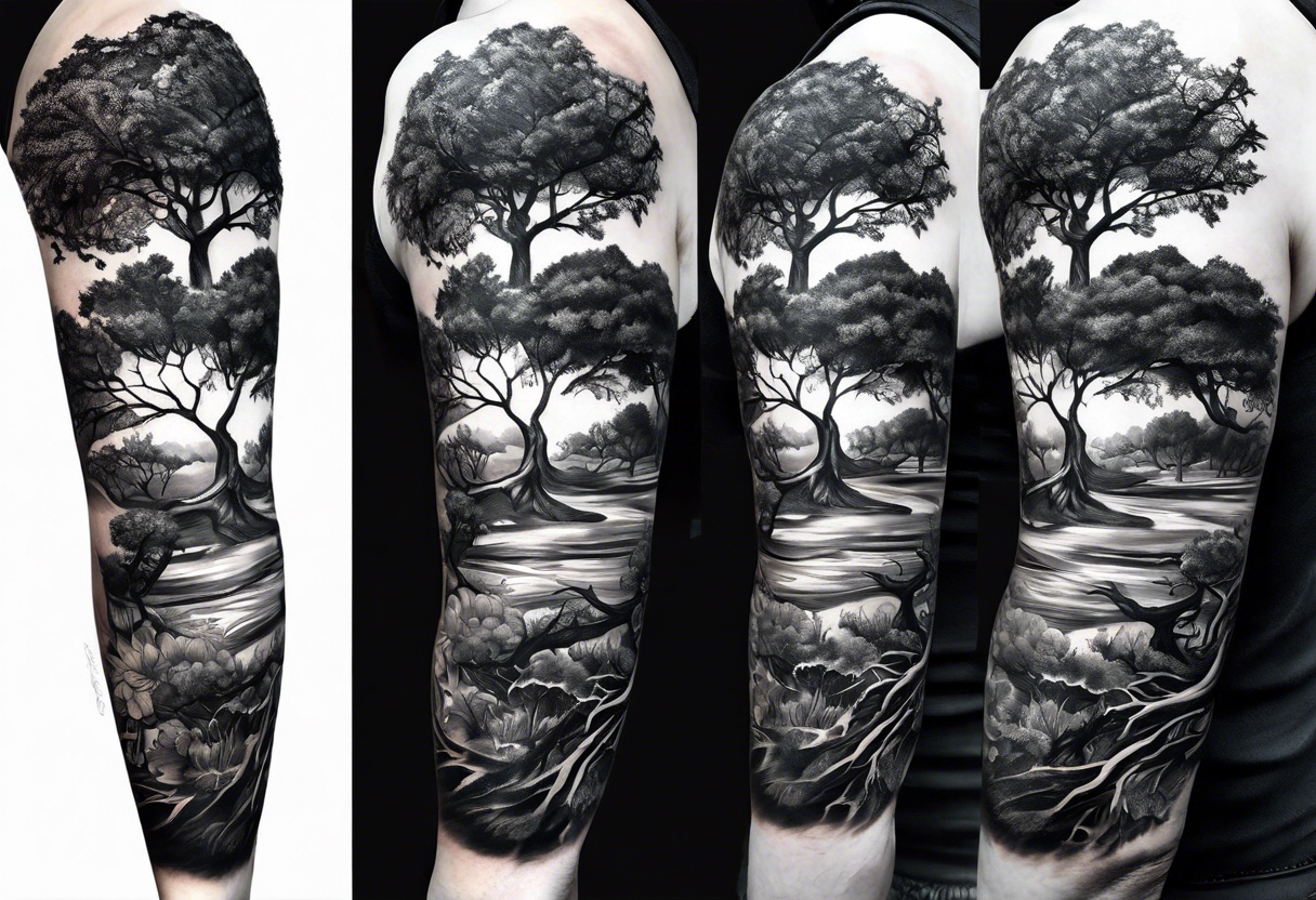 A half sleeve tattoo composed of a detailed African oak tree with bark, animals, branches, leaves, roots, and insects. tattoo idea