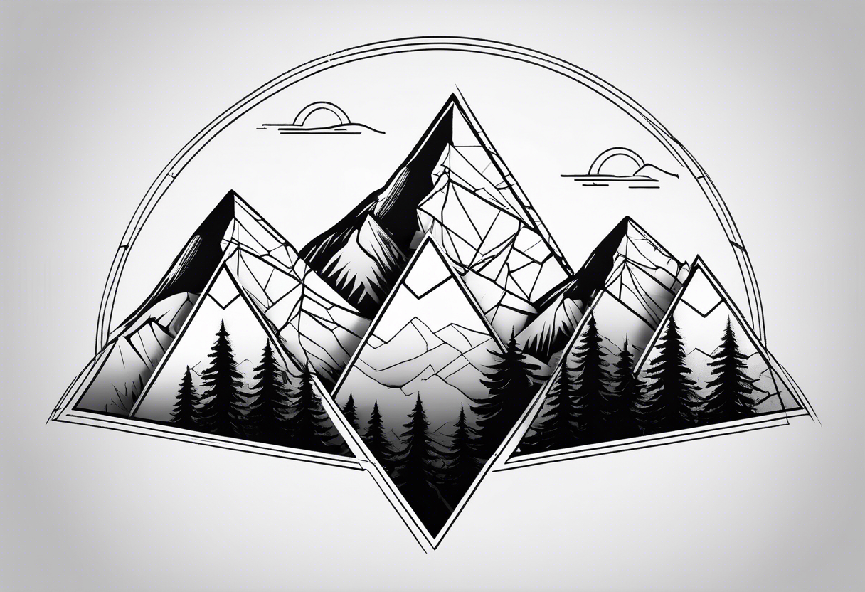 Black line tattoo with three different sizes triangles forming a mountain range with three trees tattoo idea