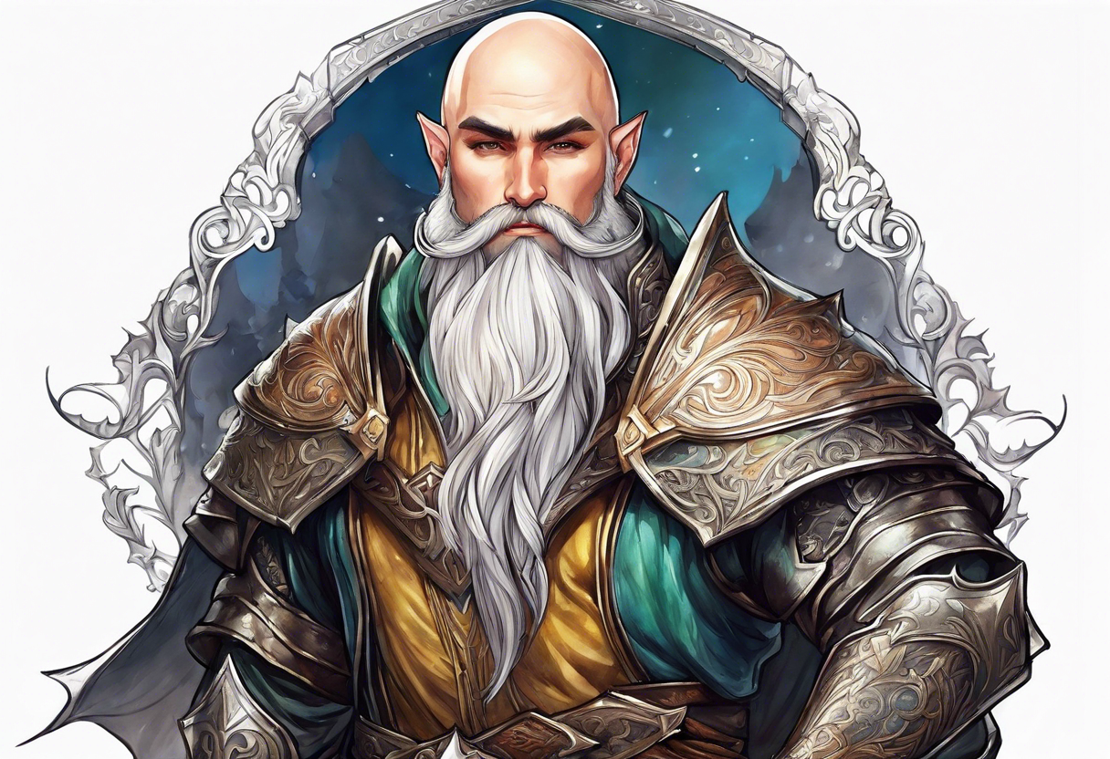 a full-body picture of a human elf, bearded bald male, paladin, from a distance tattoo idea