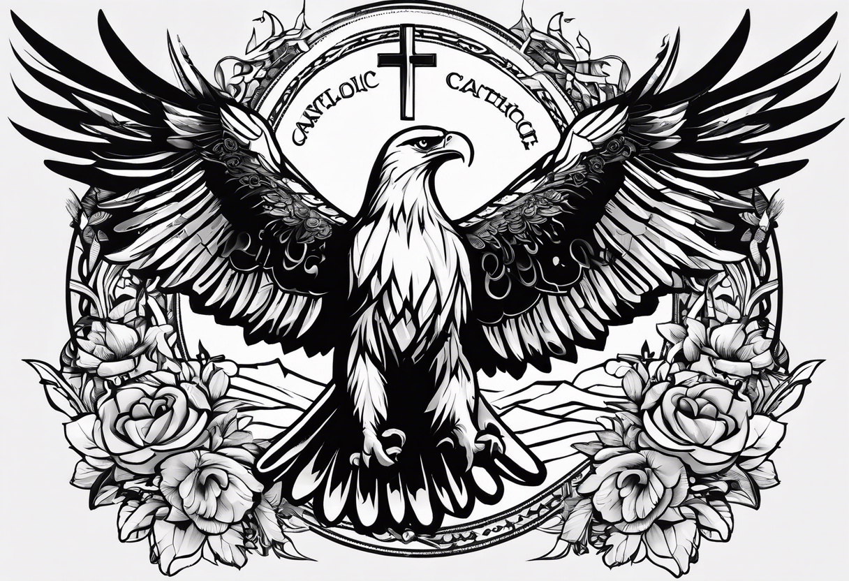 A tattoo that states catholic religion, pain and discipline to achieve your goals in life. it should be placed on the upper back. symbol of an eagle, fish, pigeon tattoo idea