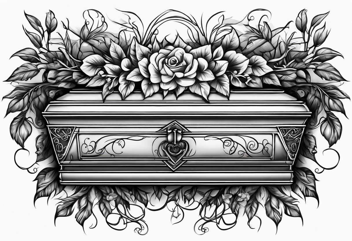 Coffin surrounded leafy vines tattoo idea