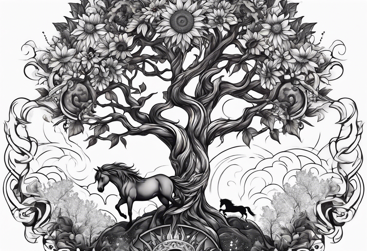 Yggdrasil tree, horse, sunflower tattoo idea