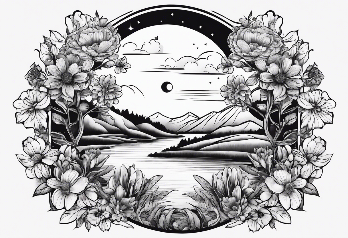 Secret, hidden garden, flowers, lake, daylight moon, more flowers love tattoo idea