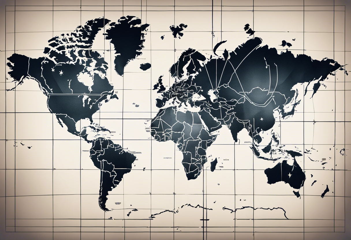 the earth on a flat map with light fading shading placed on a grid with only the lines with accurate depictions of the borders in countries tattoo idea