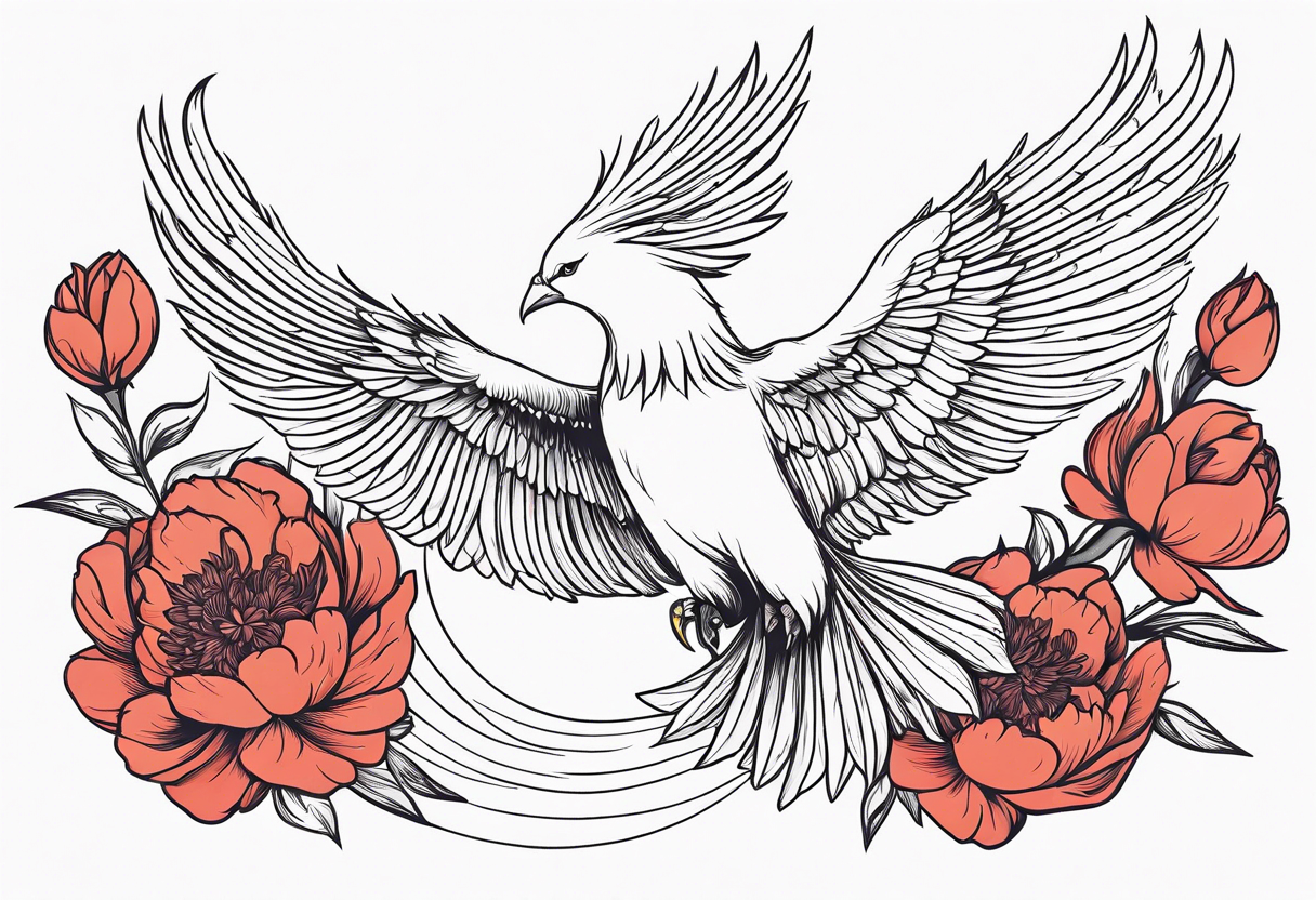 minimalist pheonix in flight with peonies in claws tattoo idea