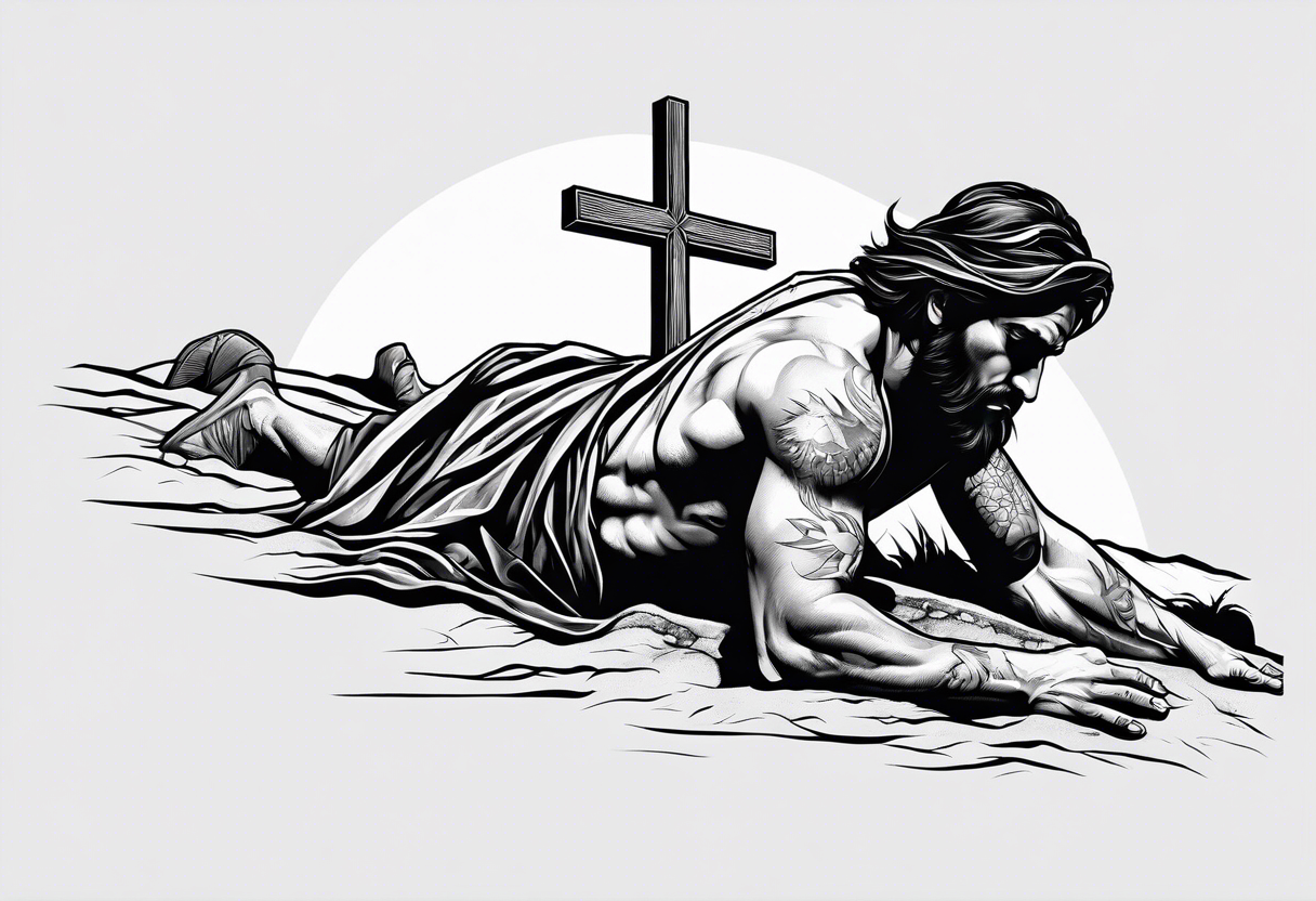 man crawling in a desert reaching to the cross of Christ tattoo idea