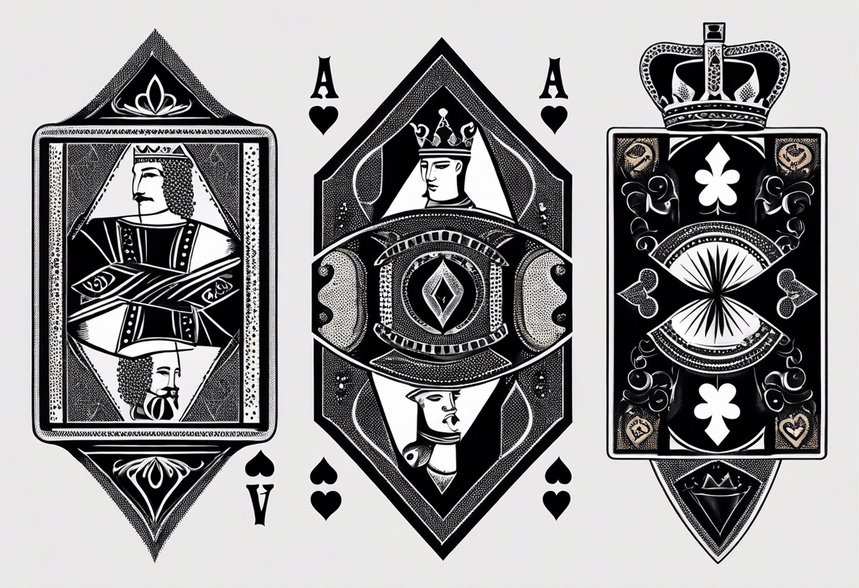 one combined tatto in minimalistic style with icon style three king of spades and icon style one queen of hearts. extreme minimalstic and few lines. much more minimalistic and fewer lines tattoo idea