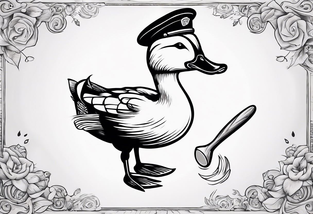 tatouage d’un canard avec un béret et une baguette sous l’aile tattoo idea