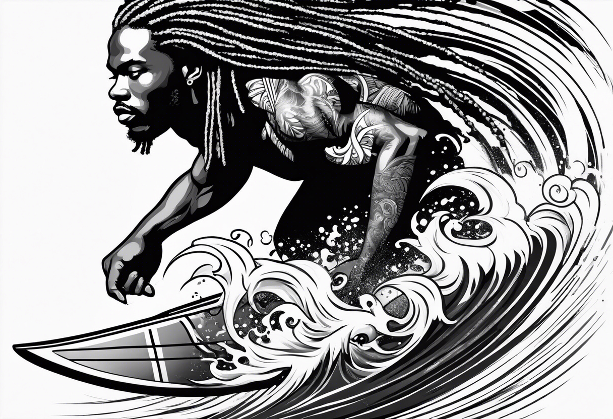 Black man with dreadlocks 
surfing tattoo idea