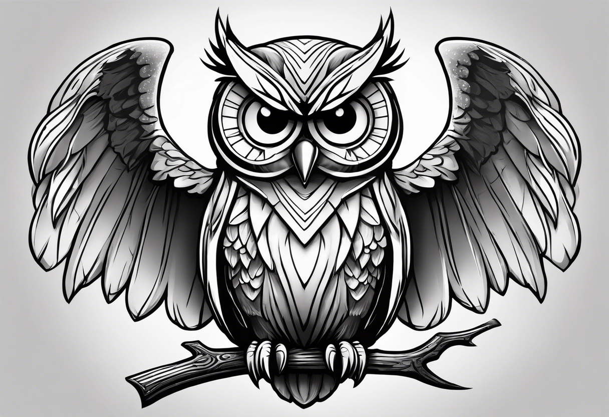 A Photo Of A Black-and-white Tribal Owl Tattoo On Wood, Featuring Bold  Shadows And Gothic Illustration. The Design Showcases Flowing Silhouettes  And Expressive Character Design, Reminiscent Of Woodcut-inspired Graphics.  This Unique Owl