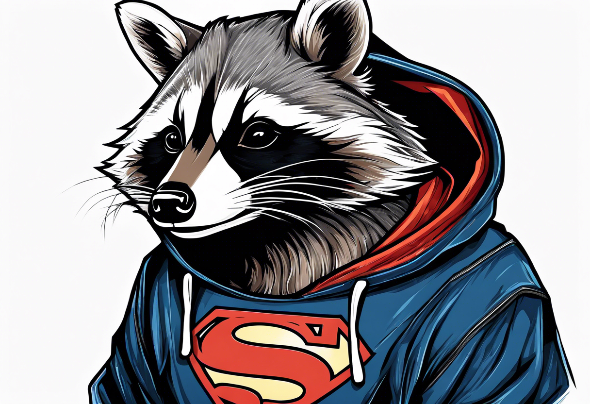 Raccoon wearing a white Superman logo on a black hoodie tattoo idea