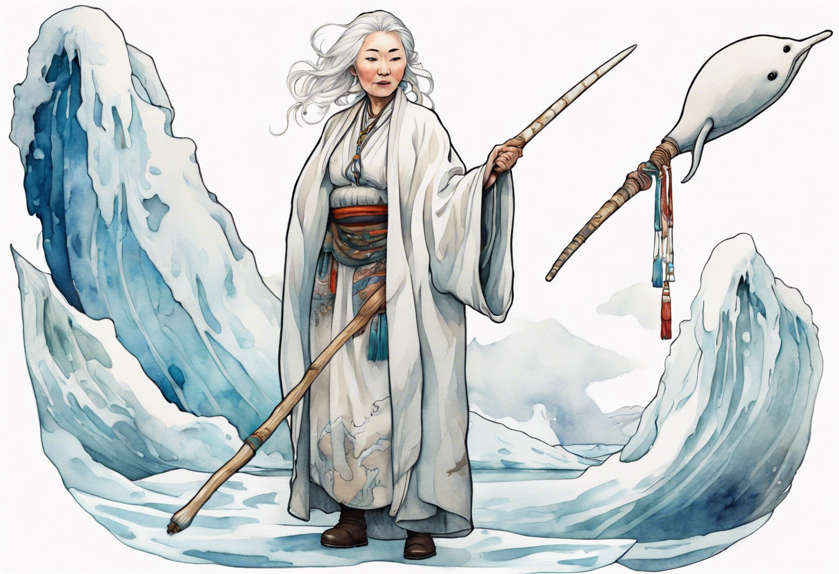 a 40 year old Sami woman with white hair and a white robe holding a long white narwhal horn, standing on an iceberg tattoo idea