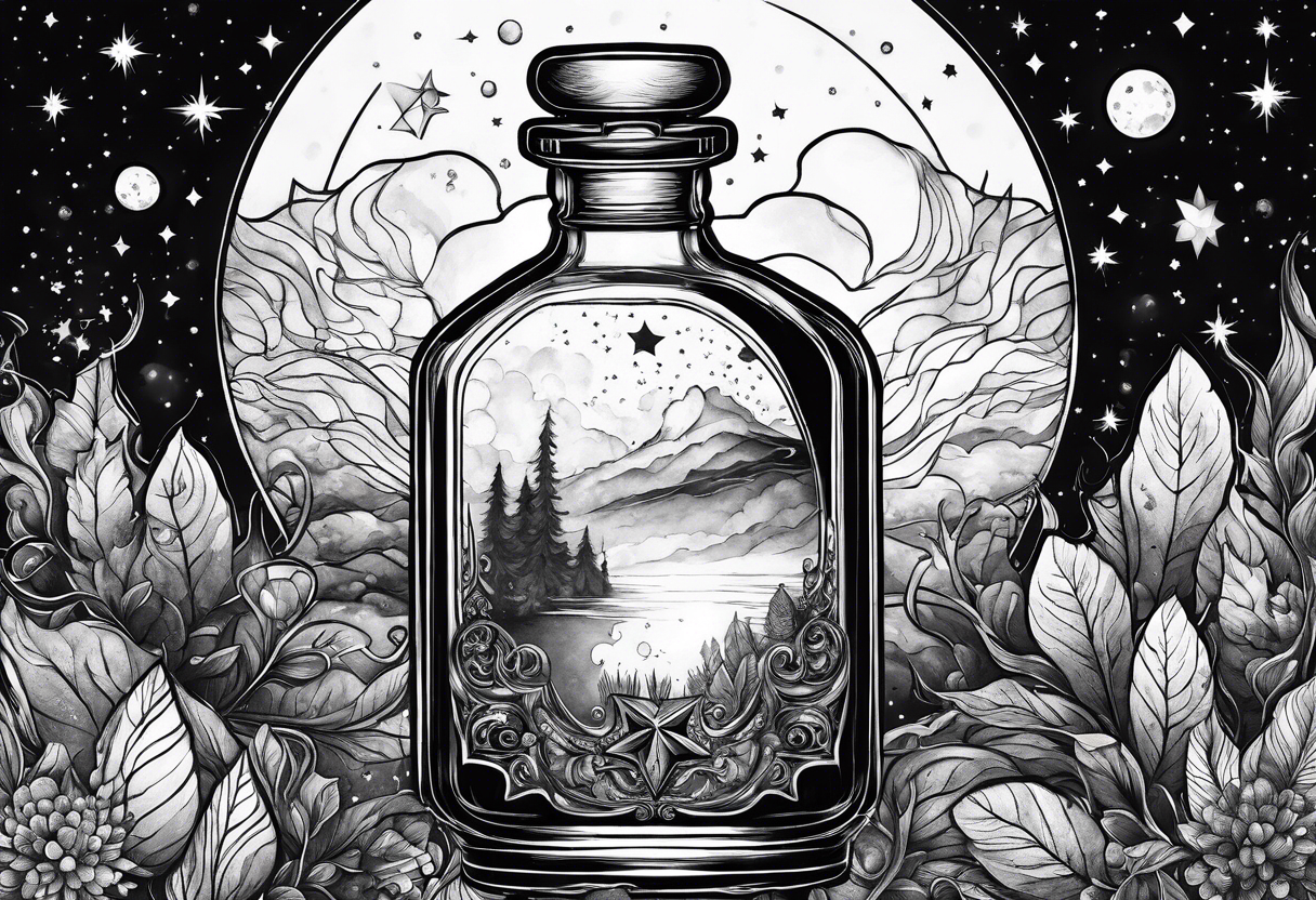 A potion bottle with crystals inside the bottle. The back of the night sky tattoo idea