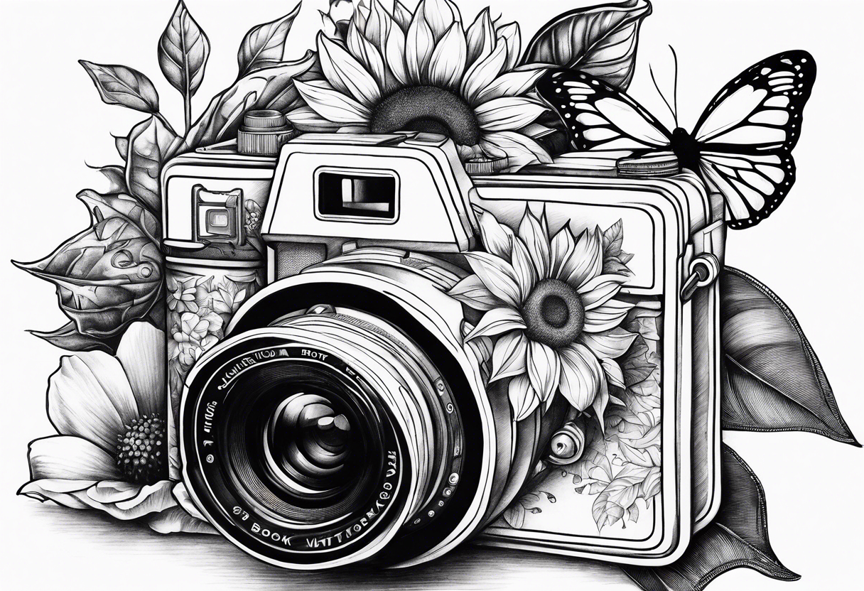 Book, sunflower, camera, butterfly, flower rose tattoo idea