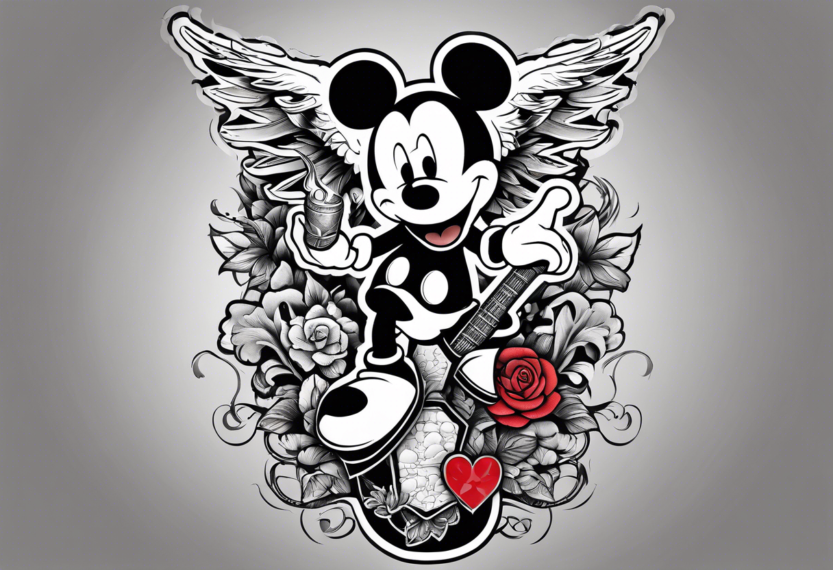 Tattoo full left arm with a collage of  a medicine caduceus and a mickey mouse silhouette tattoo idea