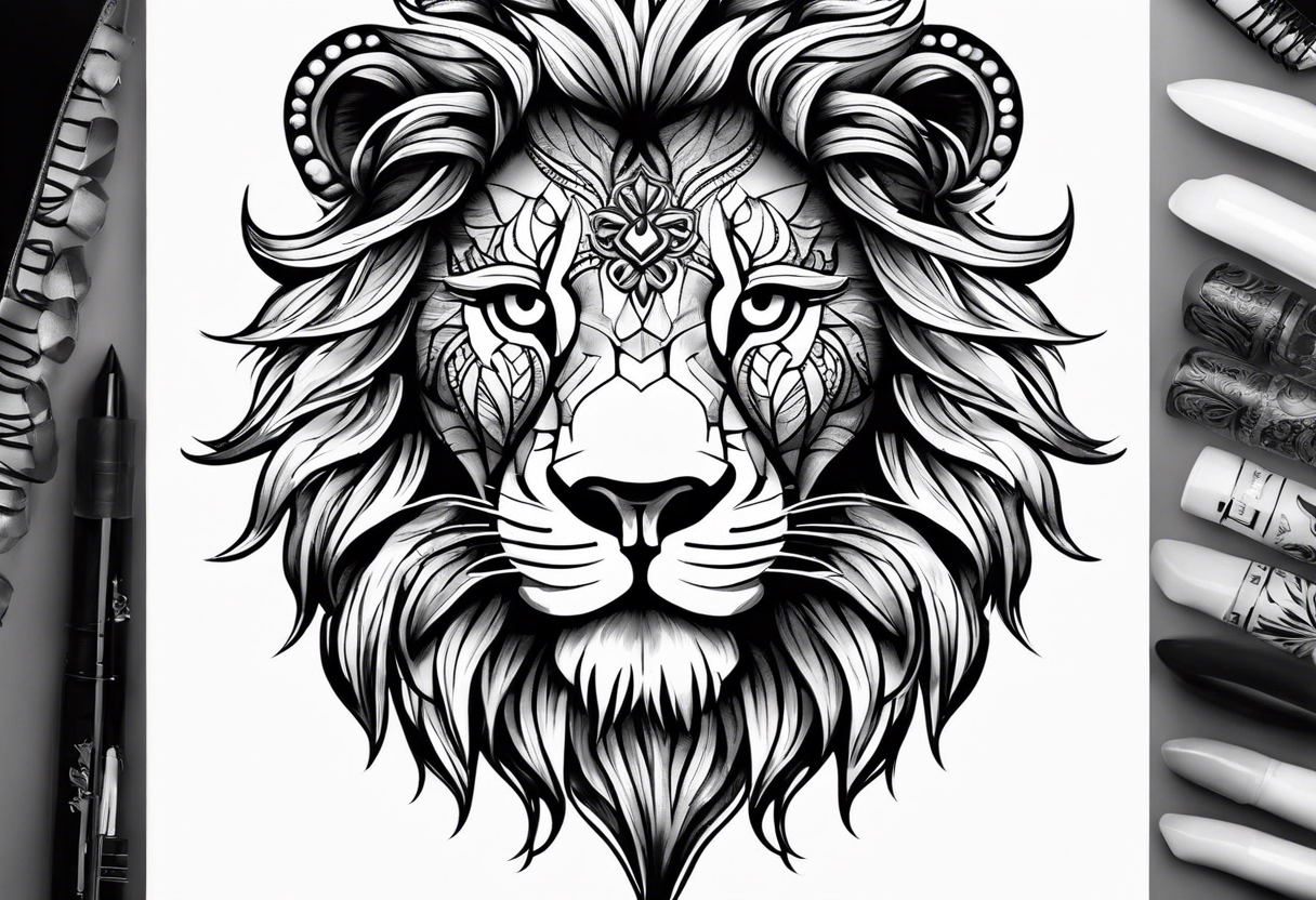 Ornate lion face tattoo idea